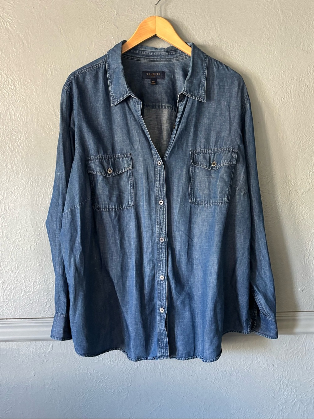 Talbots Woman Chambray Button Front Shirt Cotton Linen Blue 22W